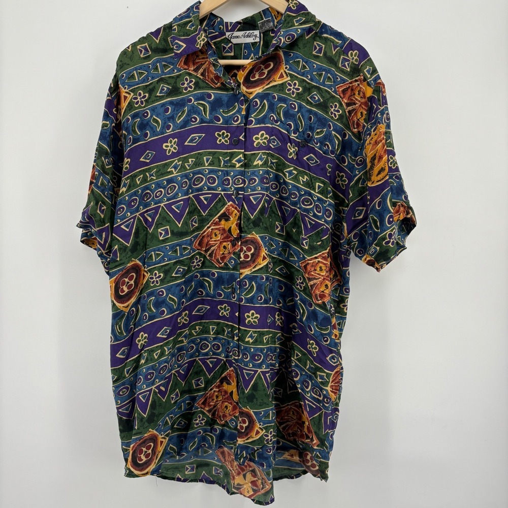 Jane Ashley Silk Button Up Shirt Womens Medium Multicolor Excellent Abstract Art - Picture 5 of 6